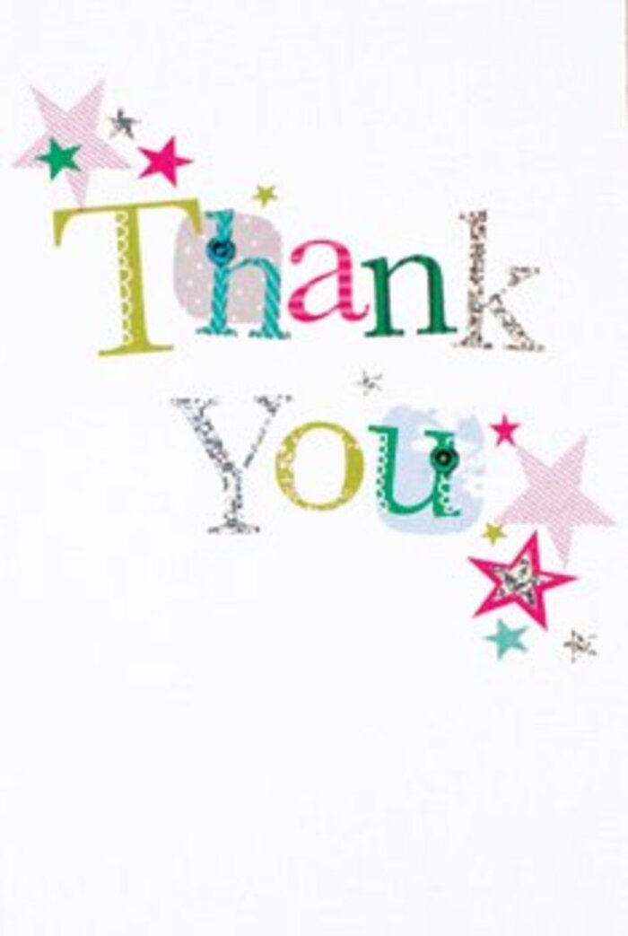 The arrangement of letters on this thank you card exudes a dance of happiness, much like a lively afternoon around Brockwell Park. Each character feels imbued with personality: some display playful polka dots or whimsical curves, others reveal elegant, musical shapes. Vivid stars gather near the message, each one bathed in sparkling fuchsias, turquoise blues, or silvery gleam, as if bestowing joy across the blank canvas. The card's composition is open and airy, with a modern spark influenced by Brixton's creative pulse-balancing sophistication with a gentle dash of fun. The pristine white background is unmarked, granting space for colour, pattern, and shimmer to burst forth vibrantly. This card straddles the line between formal and casual, offering universal warmth that would blend beautifully beside a fresh arrangement for any occasion-a gratitude note to a friend off Acre Lane or a heartfelt thanks following a community event. Its essence is uplifting, much like the feeling when receiving newly delivered flowers, with all the care, artistry, and affection of a gift delivered by a true Brixton florist.