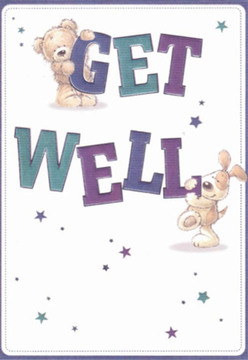 There's an instant rush of ease and reassurance that flows from this charming get well card, echoing the nurturing atmosphere of Brixton's local lanes. At the heart of the illustration, a loveable teddy bear delicately perches atop the word 'GET,' its fuzzy arms extended in a gentle invitation, while a merry puppy snuggles energetically along the bold 'WELL' below. Their rounded, expressive features are drawn with such detail that you can almost feel the bear's plump, plush fur and the puppy's comforting, velvety ears under your fingertips. Deep purple and teal shades animate the spirited typography, their saturation adding a refreshing vibrancy reminiscent of the flower displays at Windrush Square. Twinkling stars scattered in lively blues and purples uplift the mood, suggesting hope and magical possibilities blooming right here in Brixton. The background's crisp, clean white lends a breath of clarity- much needed for anyone recovering. As a Brixton florist, I'm reminded of the same nurturing touch that goes into preparing get well bouquets-a deliberate curation of comfort and colour. The overall effect is nurturing and deeply personal, much like the care we pour into every arrangement delivered across Brixton's welcoming streets.